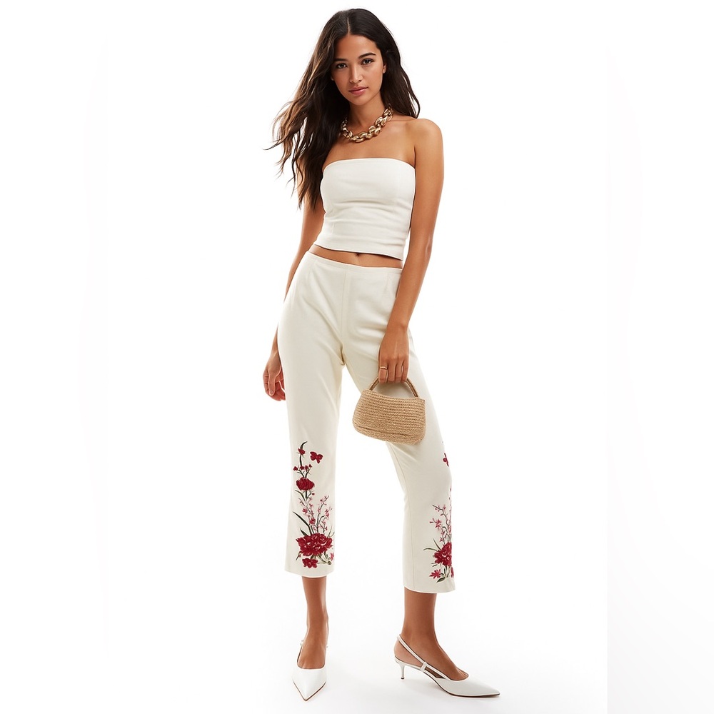 Vintage Silk Pants Floral Embroidered Capri Trousers Ivory Pink Red Rose Flowers